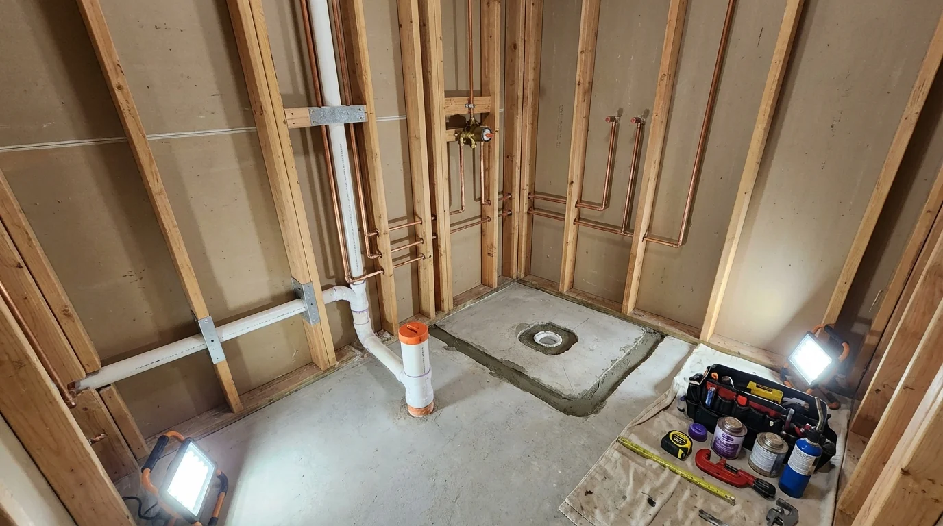Bathroom rough-in plumbing during remodel by Johns Plumbing LLC in Belle