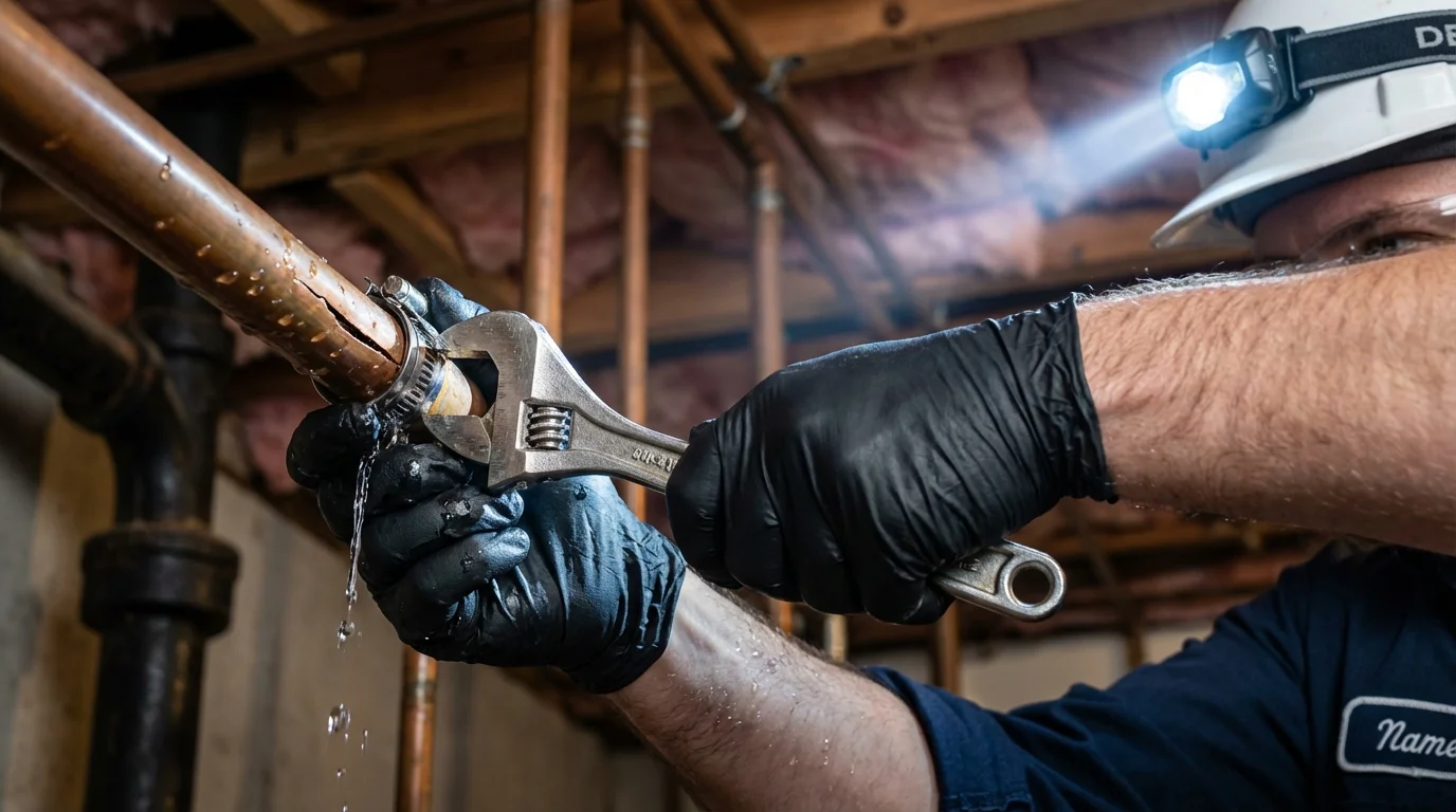 Emergency pipe clamp repair being performed by a Johns Plumbing LLC plumber in Belle