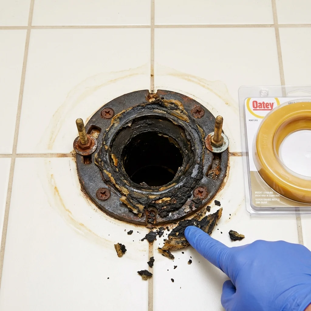 Failed wax ring showing water seepage at the base of a toilet in a Belle, MO home