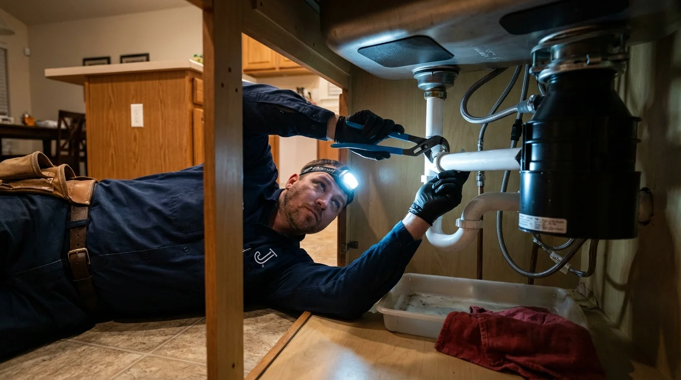 P-trap and supply line connections under a kitchen sink showing a common leak point in Belle, MO
